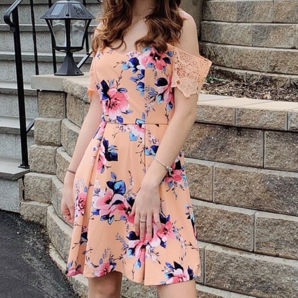 Peach Floral Lace Off Shoulder Dress